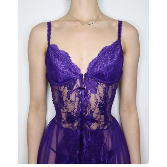 Purple Lace Babydoll Bustier Lingerie Duster Ruffles Sexy Y2K Goth Push Up Large - Picture 3 of 16